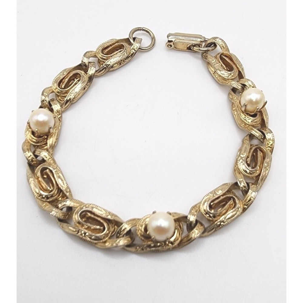 Vintage Ornate Gold Tone Cultured Pearl Noveau 7" Link Swirl Retro Bracelet